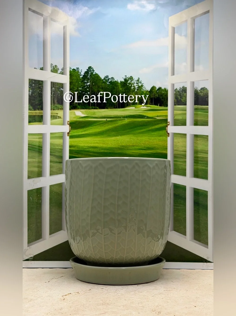 Sage Green Ceramic Planter with Attached Saucer, 7 Inch Textured Flower Pot